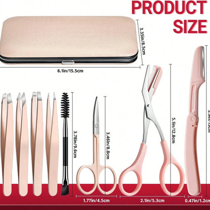 8 In 1 Eyebrow Grooming Kit, Precision Facial Hair Tweezers Set With Eyebrow Scissors, Face Razor, Brow Brush & Portable Storage Bag, Daily Hair Removal Beauty Tools For Women