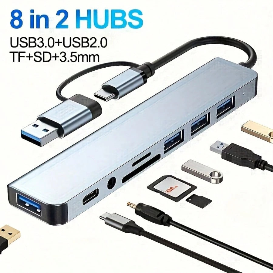 8-In-1 Multifunction USB Docking Station, USB Computer Hub, USB-C Hub, TF/SD Card Reader, 3.5mm Audio Output, Compatible With MacBook Pro/ Pro/Aluminum Alloy 4-Port USB Data Transfer