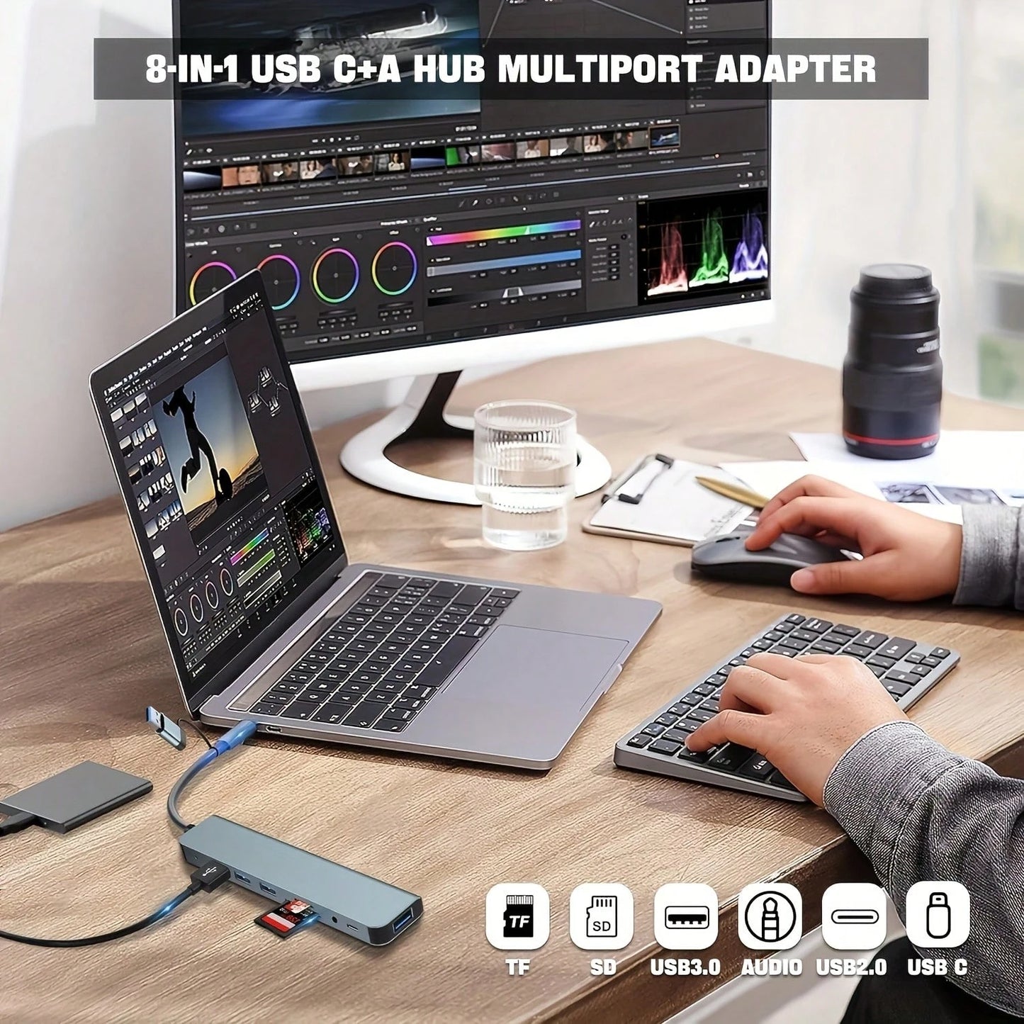 8-In-1 Multifunction USB Docking Station, USB Computer Hub, USB-C Hub, TF/SD Card Reader, 3.5mm Audio Output, Compatible With MacBook Pro/ Pro/Aluminum Alloy 4-Port USB Data Transfer
