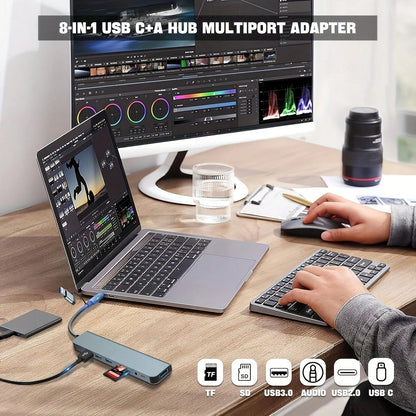 8-In-1 Multifunction USB Docking Station, USB Computer Hub, USB-C Hub, TF/SD Card Reader, 3.5mm Audio Output, Compatible With MacBook Pro/ Pro/Aluminum Alloy 4-Port USB Data Transfer