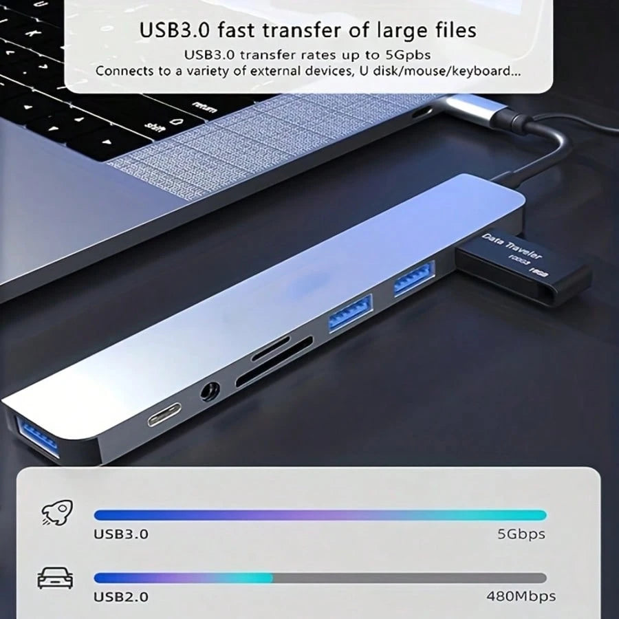 8-In-1 Multifunction USB Docking Station, USB Computer Hub, USB-C Hub, TF/SD Card Reader, 3.5mm Audio Output, Compatible With MacBook Pro/ Pro/Aluminum Alloy 4-Port USB Data Transfer