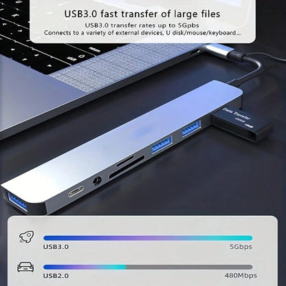 8-In-1 Multifunction USB Docking Station, USB Computer Hub, USB-C Hub, TF/SD Card Reader, 3.5mm Audio Output, Compatible With MacBook Pro/ Pro/Aluminum Alloy 4-Port USB Data Transfer