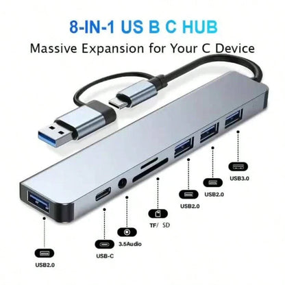 8-In-1 Multifunction USB Docking Station, USB Computer Hub, USB-C Hub, TF/SD Card Reader, 3.5mm Audio Output, Compatible With MacBook Pro/ Pro/Aluminum Alloy 4-Port USB Data Transfer