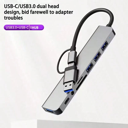 8-In-1 Multifunction USB Docking Station, USB Computer Hub, USB-C Hub, TF/SD Card Reader, 3.5mm Audio Output, Compatible With MacBook Pro/ Pro/Aluminum Alloy 4-Port USB Data Transfer
