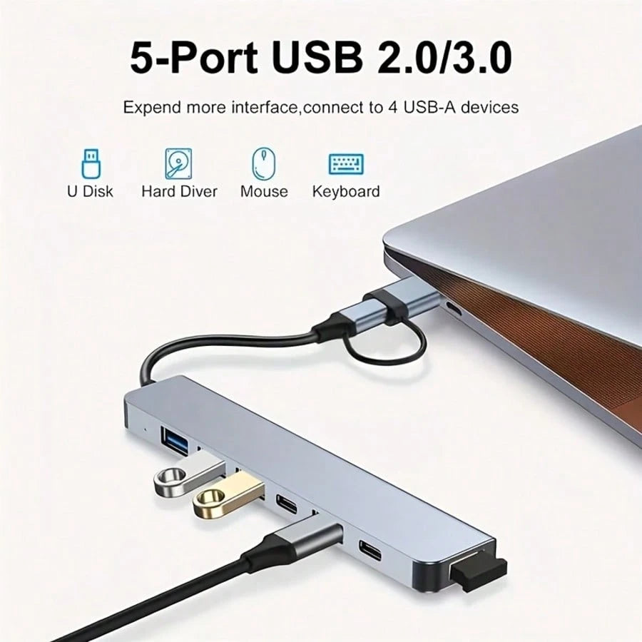 8-In-1 Multifunction USB Docking Station, USB Computer Hub, USB-C Hub, TF/SD Card Reader, 3.5mm Audio Output, Compatible With MacBook Pro/ Pro/Aluminum Alloy 4-Port USB Data Transfer