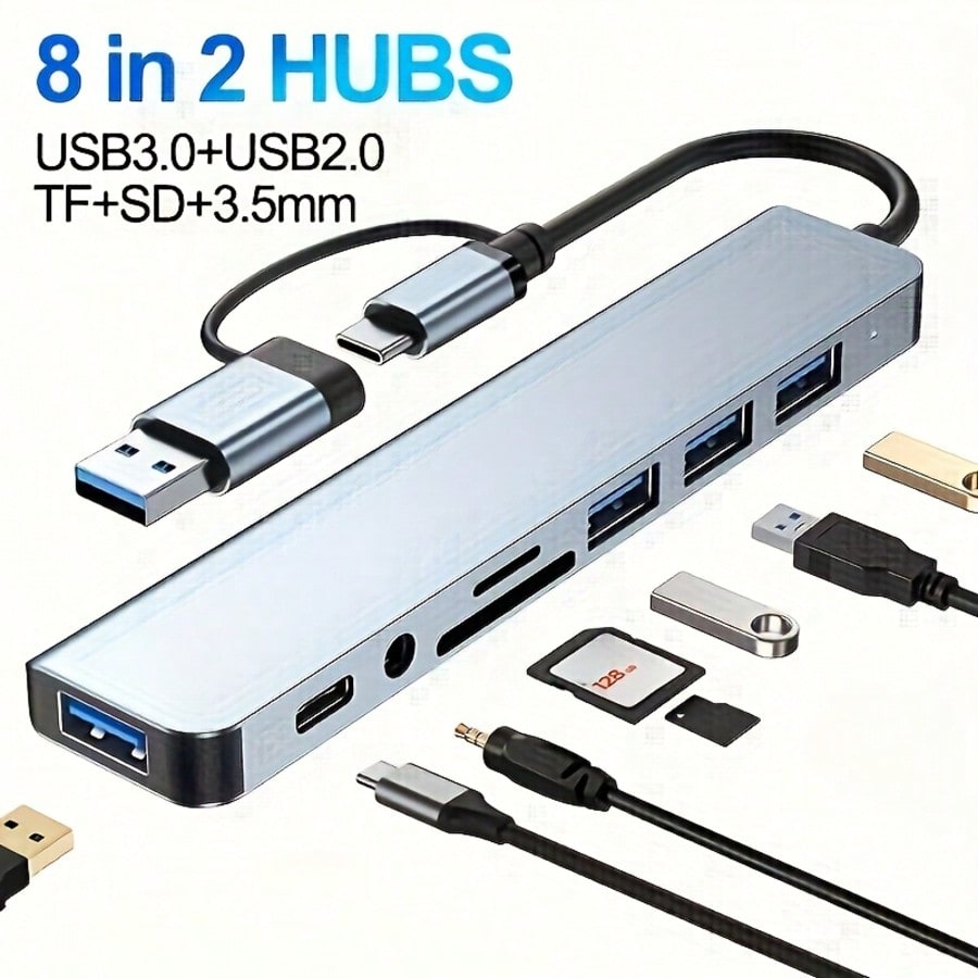 8-In-1 Multifunction USB Docking Station, USB Computer Hub, USB-C Hub, TF/SD Card Reader, 3.5mm Audio Output, Compatible With MacBook Pro/ Pro/Aluminum Alloy 4-Port USB Data Transfer