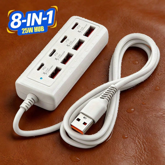 8-Port USB Hub With 4 USB Ports And 4 PD Ports| 25W Fast Charging, Compatible With 5V USB Devices| Compact Charging Station For Computers, Laptops, Tablets, 8-In-1 Multi-Function Interface, 4 USB Po