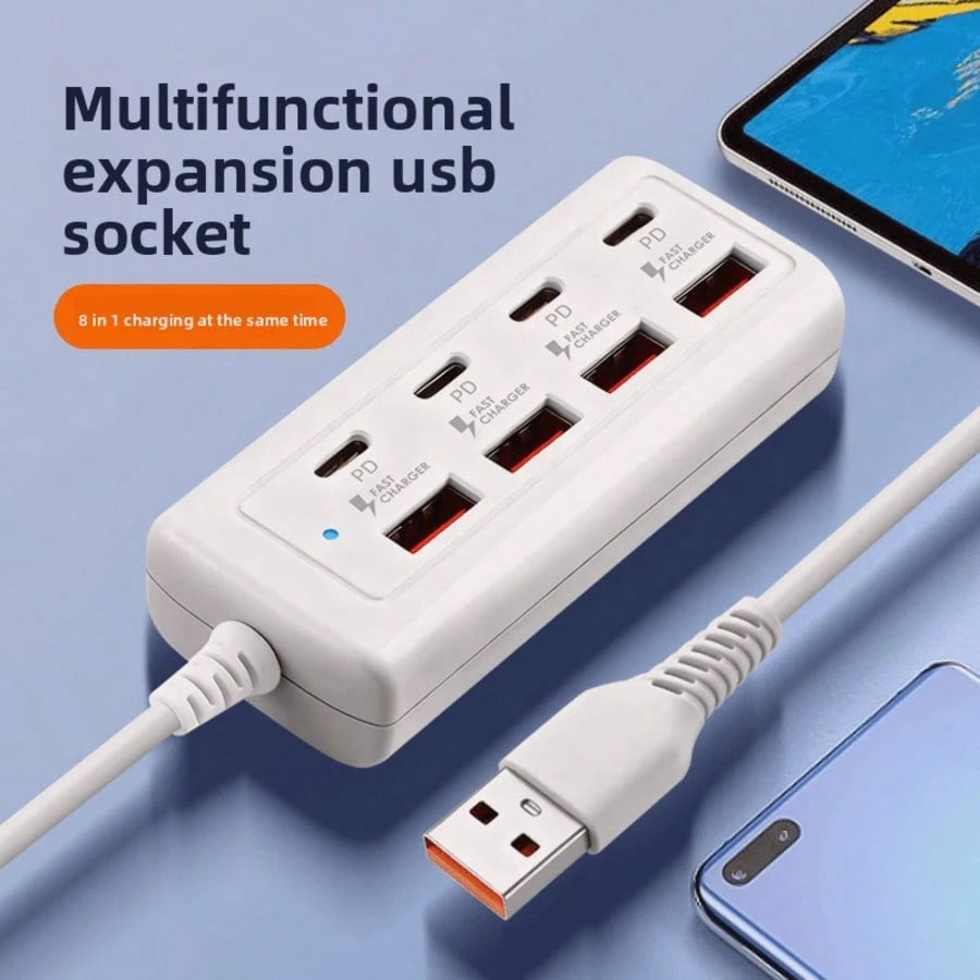 8-Port USB Hub With 4 USB Ports And 4 PD Ports| 25W Fast Charging, Compatible With 5V USB Devices| Compact Charging Station For Computers, Laptops, Tablets, 8-In-1 Multi-Function Interface, 4 USB Po