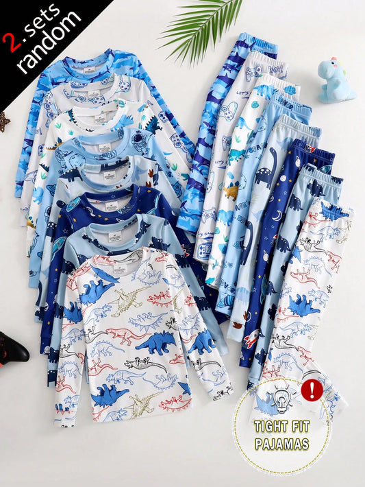 [8 Sets Randomly Send 2 Sets]Boy's And Young Boy Home Clothes, Toddler Cute Cartoon Print Long Sleeve Long Pants Knit Snug Fit Pajamas Loungewear Set