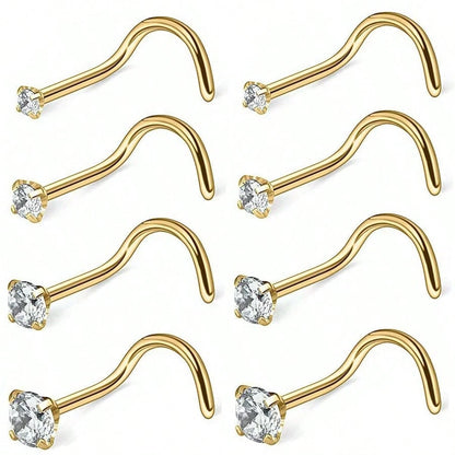 8pcs 20G Stainless Steel Nose Studs, Low Allergic Spiral Nose Rings, Unisex, Silver Cubic Zirconia Faux Diamond, Sizes: 1.5mm, 2mm, 2.5mm, 3mm