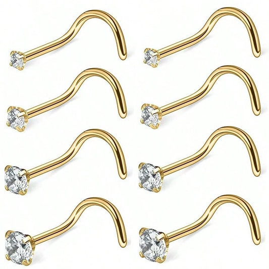 8pcs 20G Stainless Steel Nose Studs, Low Allergic Spiral Nose Rings, Unisex, Silver Cubic Zirconia Faux Diamond, Sizes: 1.5mm, 2mm, 2.5mm, 3mm