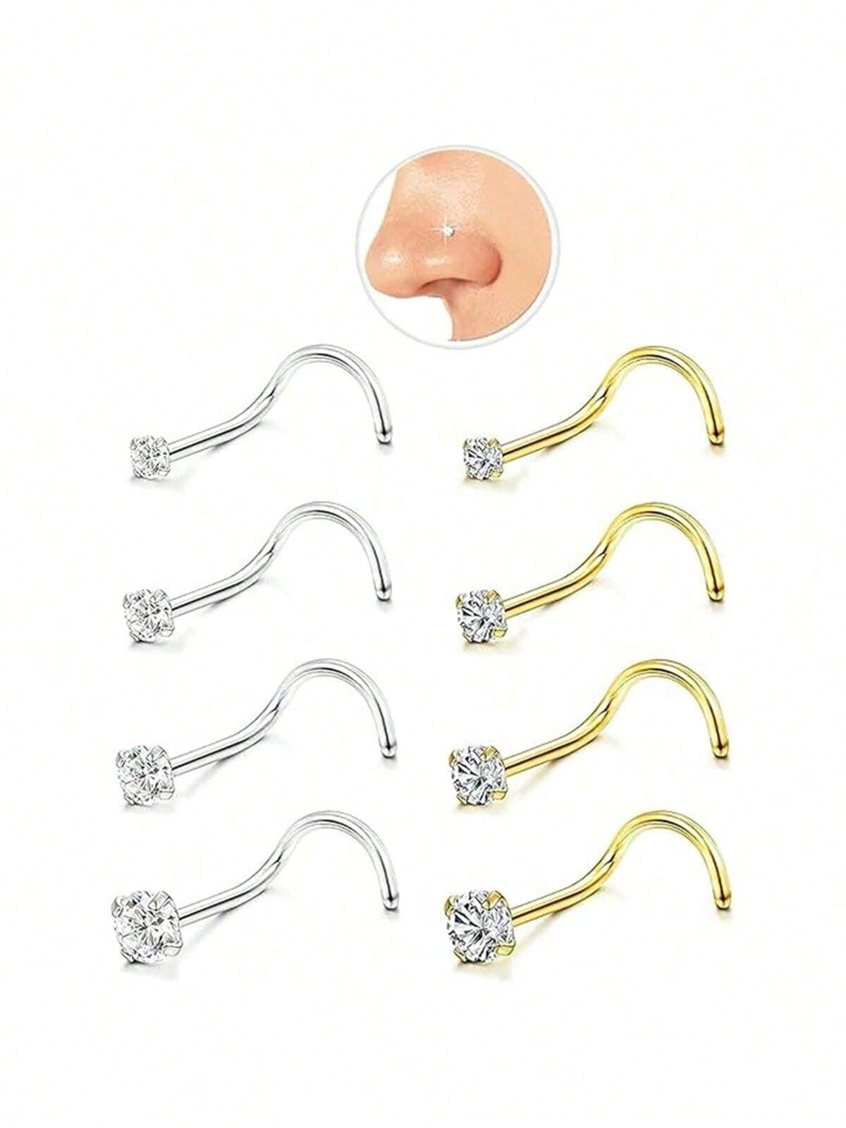 8pcs 20G Stainless Steel Nose Studs, Low Allergic Spiral Nose Rings, Unisex, Silver Cubic Zirconia Faux Diamond, Sizes: 1.5mm, 2mm, 2.5mm, 3mm
