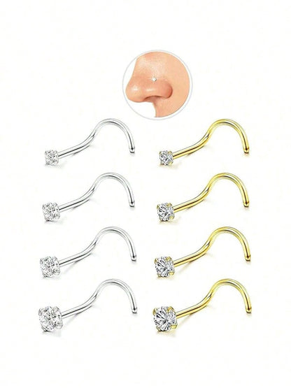 8pcs 20G Stainless Steel Nose Studs, Low Allergic Spiral Nose Rings, Unisex, Silver Cubic Zirconia Faux Diamond, Sizes: 1.5mm, 2mm, 2.5mm, 3mm