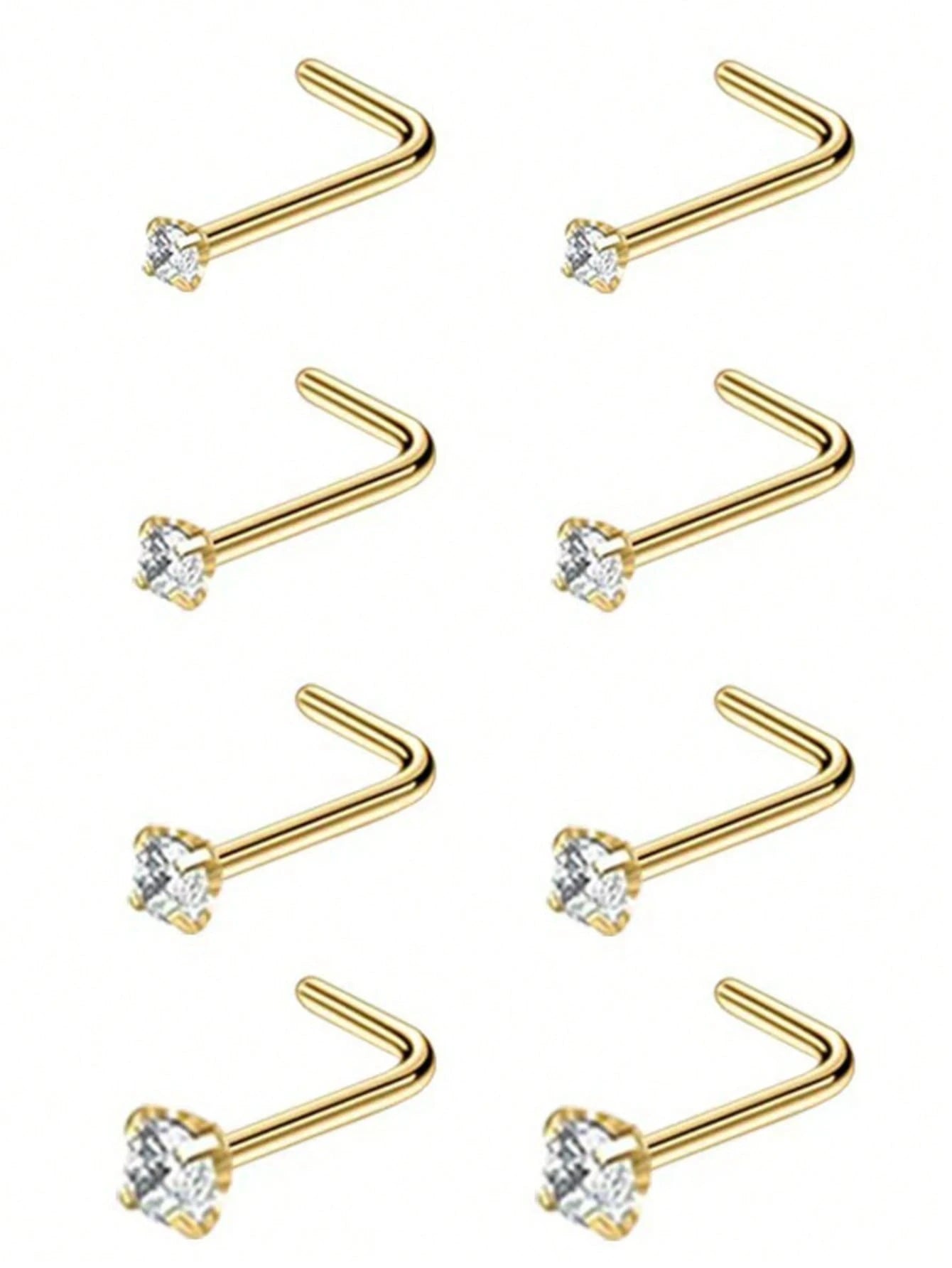 8pcs 20G Stainless Steel Nose Studs, Low Allergic Spiral Nose Rings, Unisex, Silver Cubic Zirconia Faux Diamond, Sizes: 1.5mm, 2mm, 2.5mm, 3mm