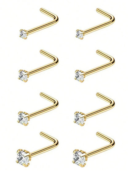 8pcs 20G Stainless Steel Nose Studs, Low Allergic Spiral Nose Rings, Unisex, Silver Cubic Zirconia Faux Diamond, Sizes: 1.5mm, 2mm, 2.5mm, 3mm