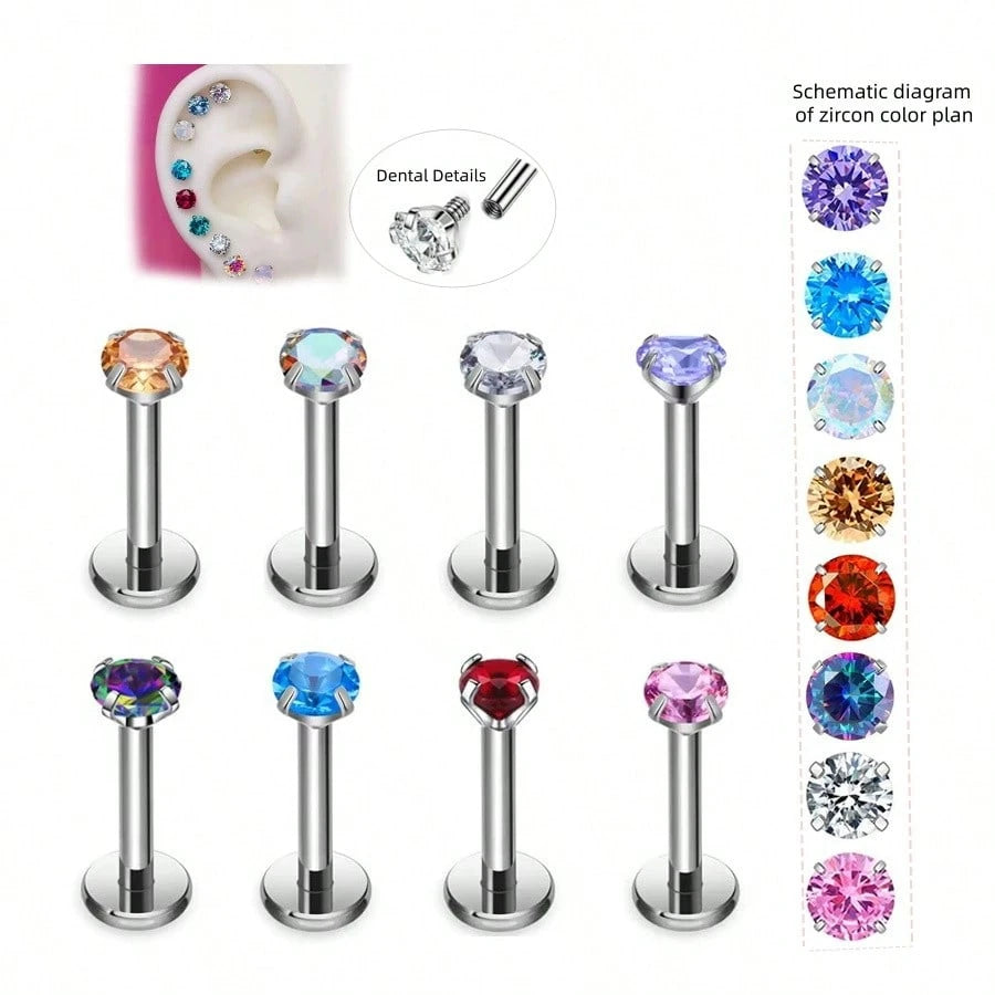 8pcs 20G Stainless Steel Nose Studs, Low Allergic Spiral Nose Rings, Unisex, Silver Cubic Zirconia Faux Diamond, Sizes: 1.5mm, 2mm, 2.5mm, 3mm