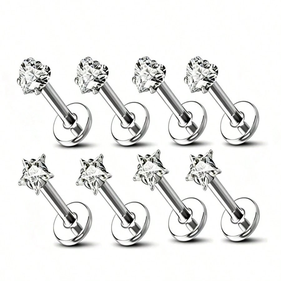 8pcs 20G Stainless Steel Nose Studs, Low Allergic Spiral Nose Rings, Unisex, Silver Cubic Zirconia Faux Diamond, Sizes: 1.5mm, 2mm, 2.5mm, 3mm