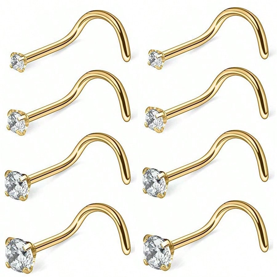 8pcs 20G Stainless Steel Nose Studs, Low Allergic Spiral Nose Rings, Unisex, Silver Cubic Zirconia Faux Diamond, Sizes: 1.5mm, 2mm, 2.5mm, 3mm