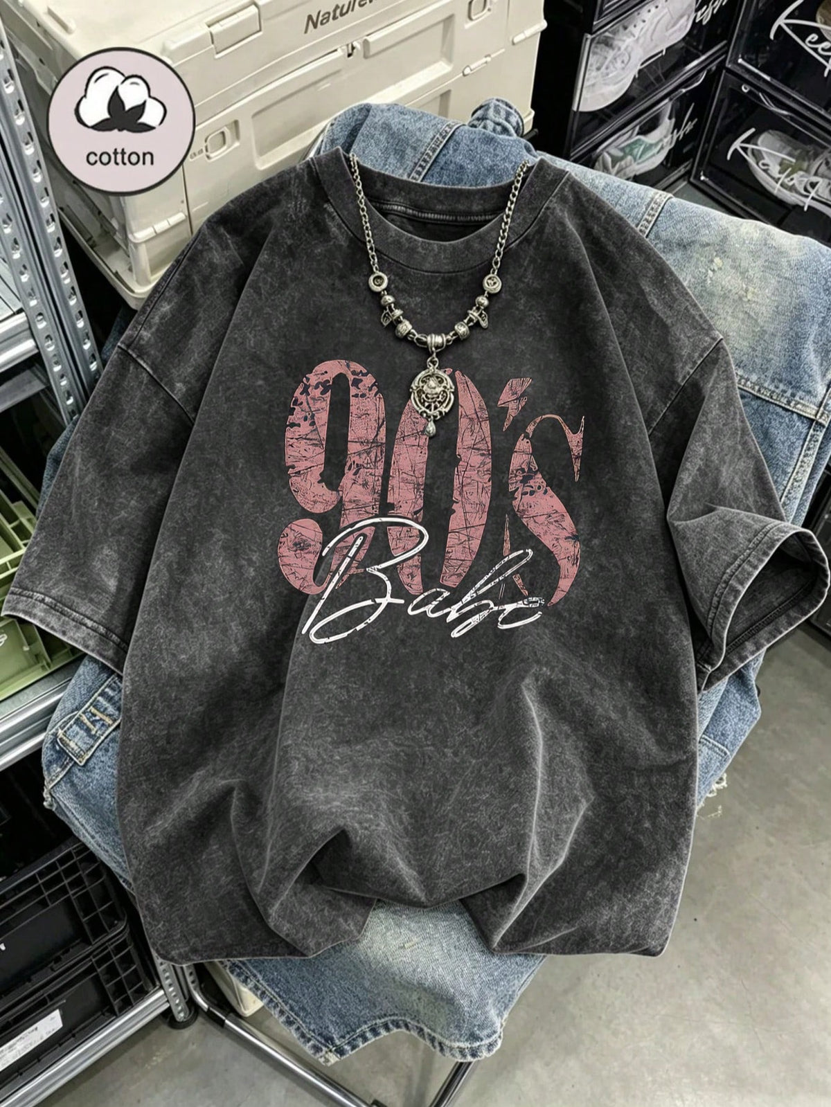 90s Retro Print Women's T-Shirt- Casual Short Sleeve Crew Neck Washed Top, Suitable For All Seasons Black Summer