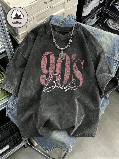 90s Retro Print Women's T-Shirt- Casual Short Sleeve Crew Neck Washed Top, Suitable For All Seasons Black Summer