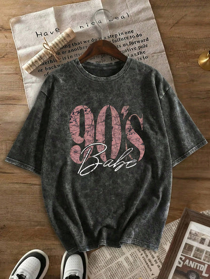 90s Retro Print Women's T-Shirt- Casual Short Sleeve Crew Neck Washed Top, Suitable For All Seasons Black Summer