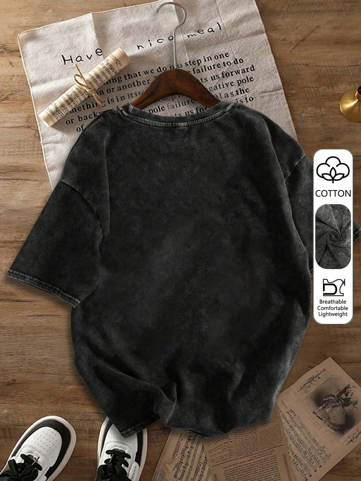 90s Retro Print Women's T-Shirt- Casual Short Sleeve Crew Neck Washed Top, Suitable For All Seasons Black Summer