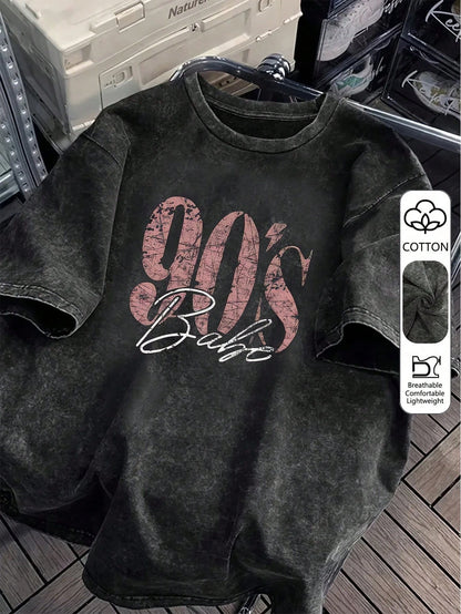 90s Retro Print Women's T-Shirt- Casual Short Sleeve Crew Neck Washed Top, Suitable For All Seasons Black Summer