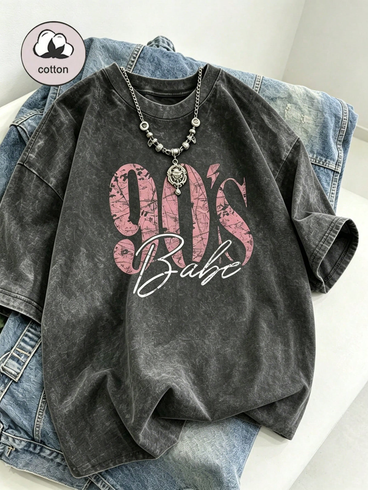 90s Retro Print Women's T-Shirt- Casual Short Sleeve Crew Neck Washed Top, Suitable For All Seasons Black Summer