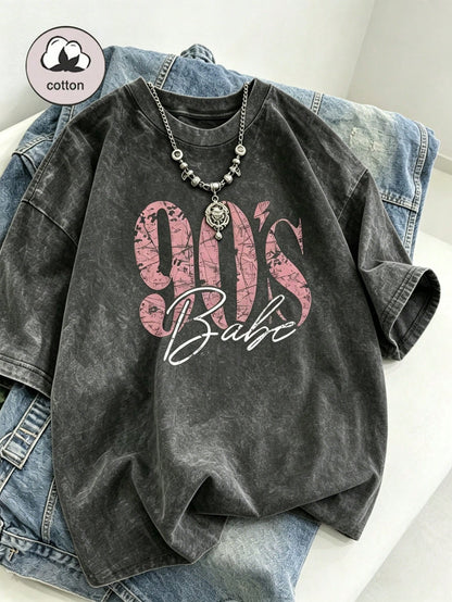 90s Retro Print Women's T-Shirt- Casual Short Sleeve Crew Neck Washed Top, Suitable For All Seasons Black Summer