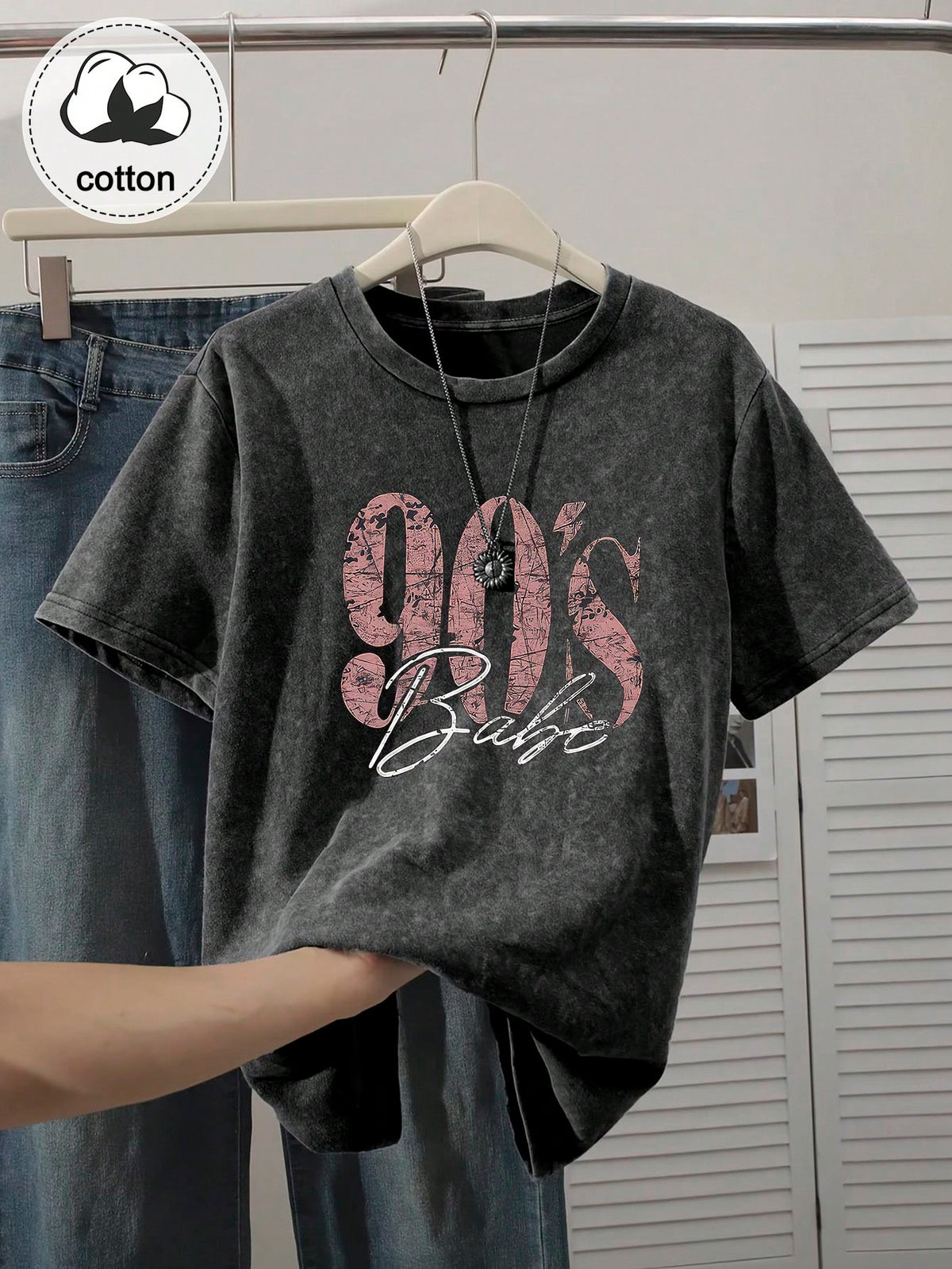 90s Retro Print Women's T-Shirt- Casual Short Sleeve Crew Neck Washed Top, Suitable For All Seasons Black Summer