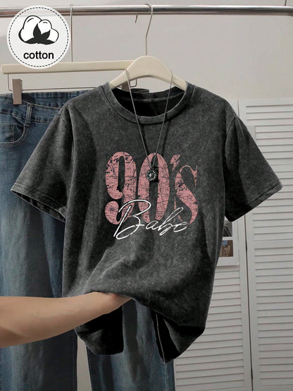 90s Retro Print Women's T-Shirt- Casual Short Sleeve Crew Neck Washed Top, Suitable For All Seasons Black Summer