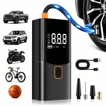 A Tire Inflator Portable Air Compressor, Cordless Rechargeable Air Pump For Car Tires, Digital Pressure Gauge, 4 Nozzle Attachments, 150 PSI, Battery Powered Compact Tire Pump For Car, Motorcycles, Bi