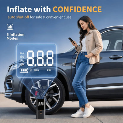 A Tire Inflator Portable Air Compressor, Cordless Rechargeable Air Pump For Car Tires, Digital Pressure Gauge, 4 Nozzle Attachments, 150 PSI, Battery Powered Compact Tire Pump For Car, Motorcycles, Bi