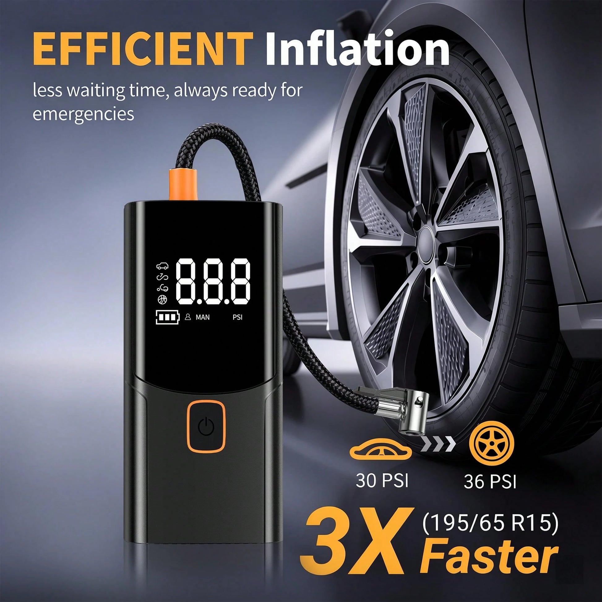 A Tire Inflator Portable Air Compressor, Cordless Rechargeable Air Pump For Car Tires, Digital Pressure Gauge, 4 Nozzle Attachments, 150 PSI, Battery Powered Compact Tire Pump For Car, Motorcycles, Bi