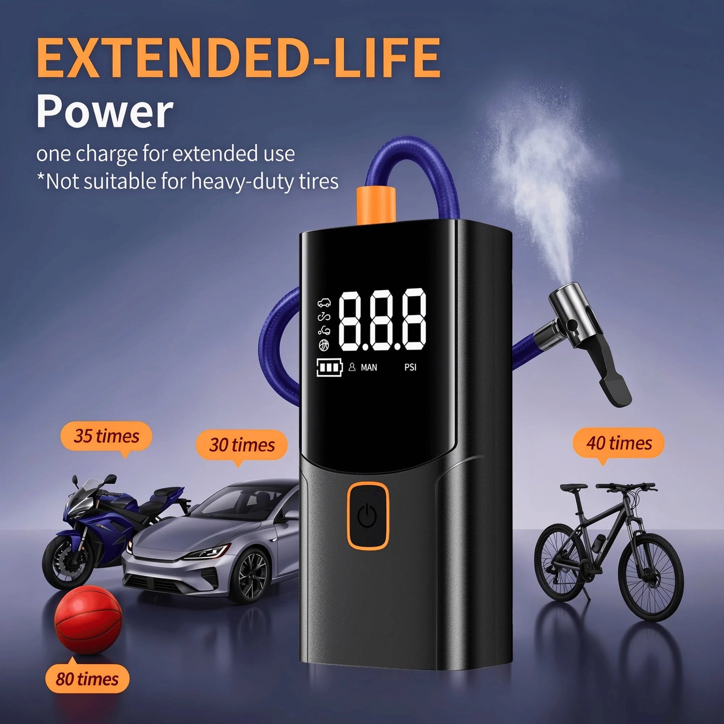 A Tire Inflator Portable Air Compressor, Cordless Rechargeable Air Pump For Car Tires, Digital Pressure Gauge, 4 Nozzle Attachments, 150 PSI, Battery Powered Compact Tire Pump For Car, Motorcycles, Bi
