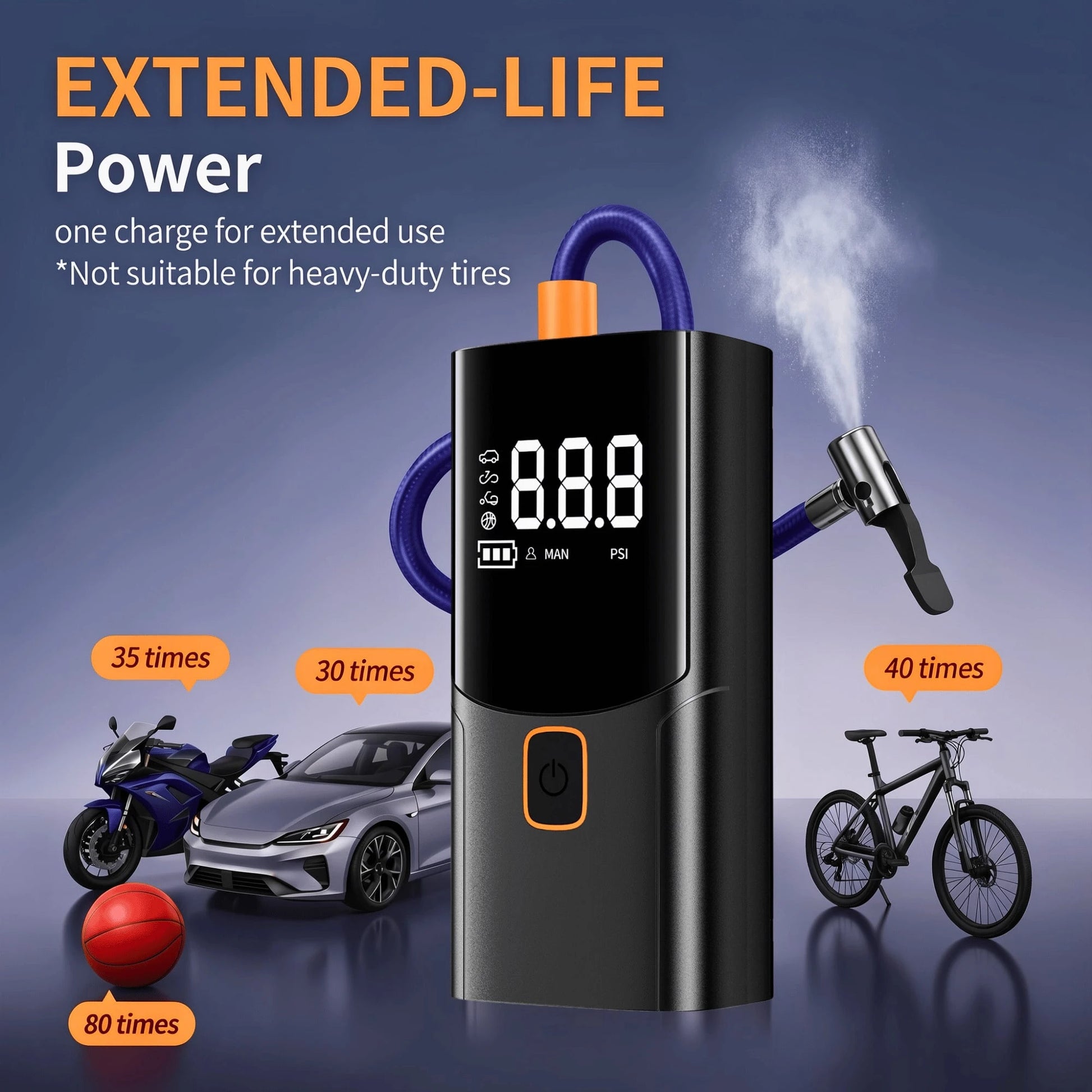 A Tire Inflator Portable Air Compressor, Cordless Rechargeable Air Pump For Car Tires, Digital Pressure Gauge, 4 Nozzle Attachments, 150 PSI, Battery Powered Compact Tire Pump For Car, Motorcycles, Bi