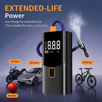 A Tire Inflator Portable Air Compressor, Cordless Rechargeable Air Pump For Car Tires, Digital Pressure Gauge, 4 Nozzle Attachments, 150 PSI, Battery Powered Compact Tire Pump For Car, Motorcycles, Bi