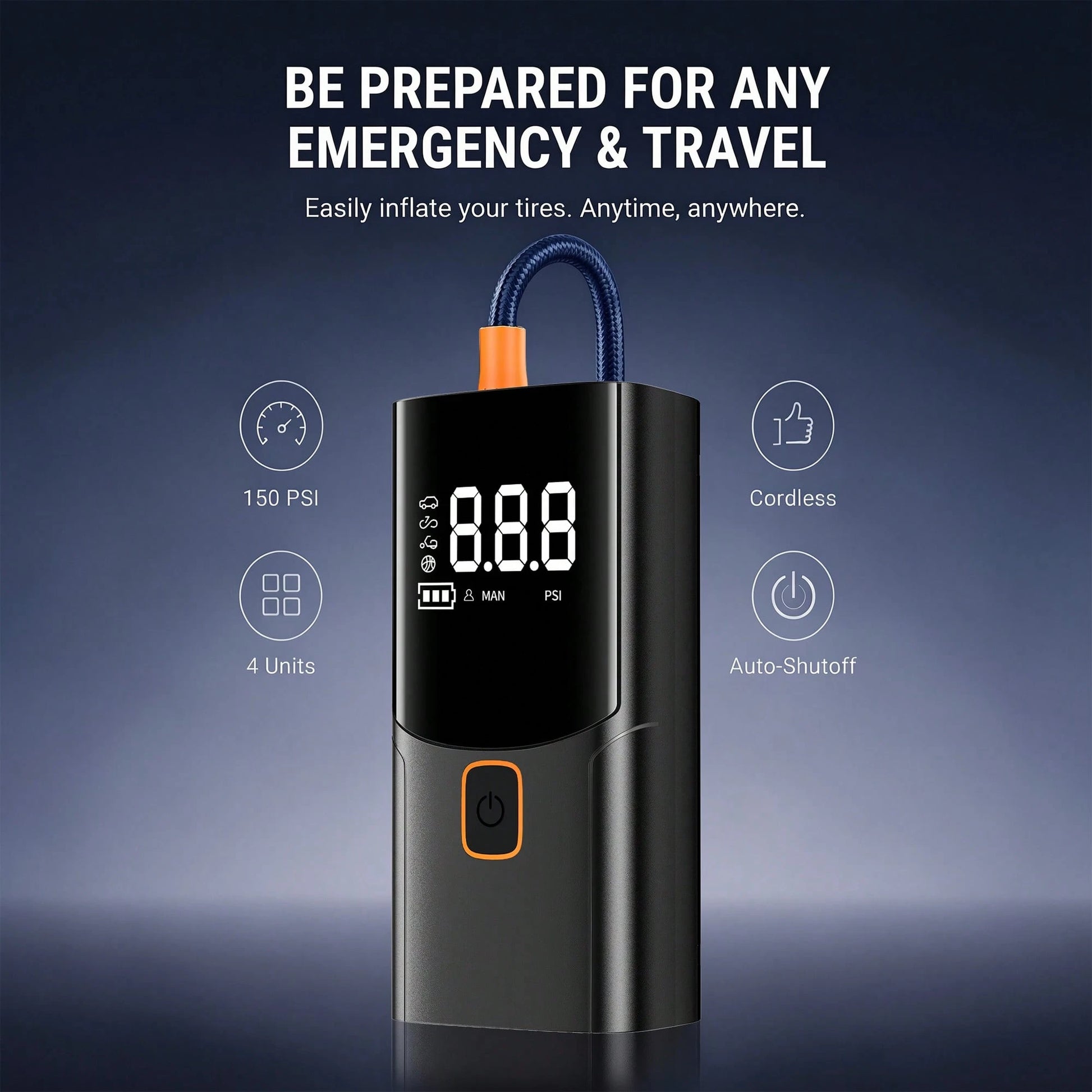 A Tire Inflator Portable Air Compressor, Cordless Rechargeable Air Pump For Car Tires, Digital Pressure Gauge, 4 Nozzle Attachments, 150 PSI, Battery Powered Compact Tire Pump For Car, Motorcycles, Bi
