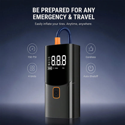 A Tire Inflator Portable Air Compressor, Cordless Rechargeable Air Pump For Car Tires, Digital Pressure Gauge, 4 Nozzle Attachments, 150 PSI, Battery Powered Compact Tire Pump For Car, Motorcycles, Bi