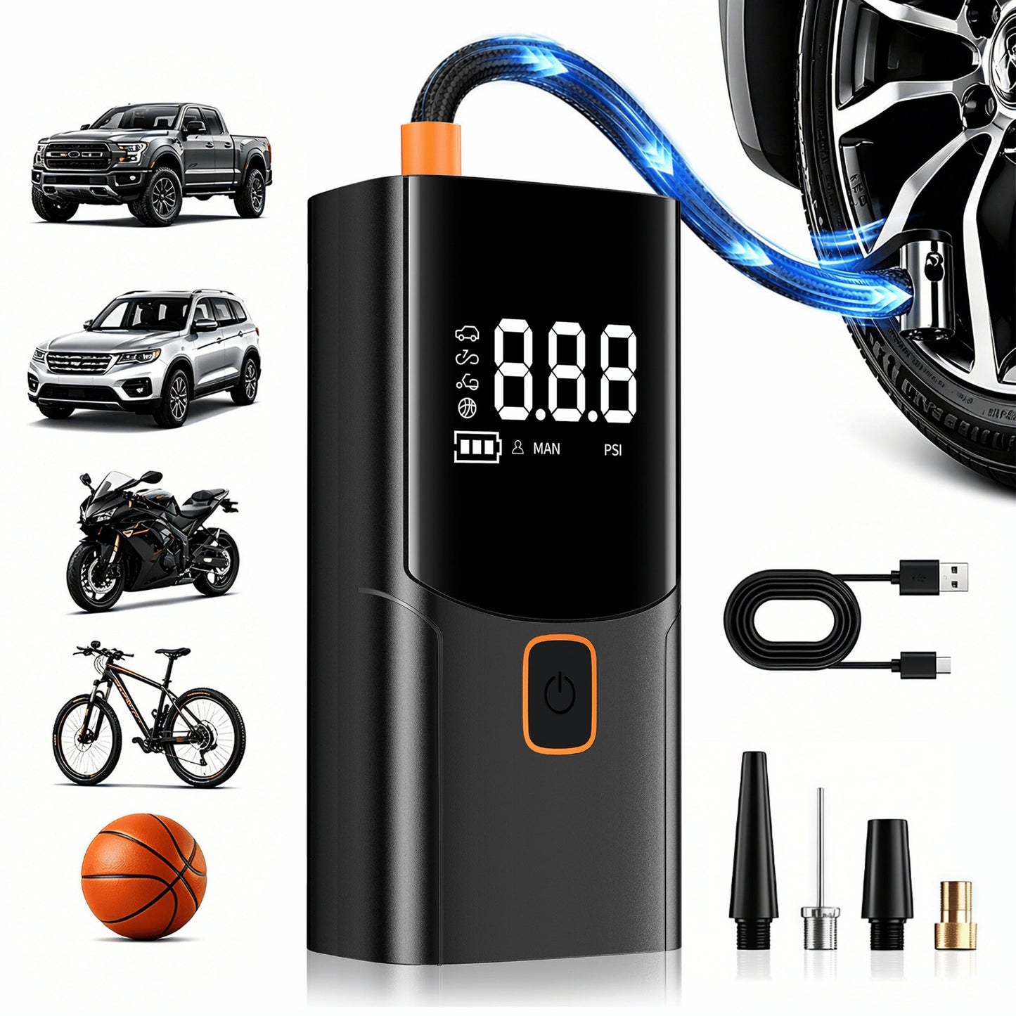 A Tire Inflator Portable Air Compressor, Cordless Rechargeable Air Pump For Car Tires, Digital Pressure Gauge, 4 Nozzle Attachments, 150 PSI, Battery Powered Compact Tire Pump For Car, Motorcycles, Bi