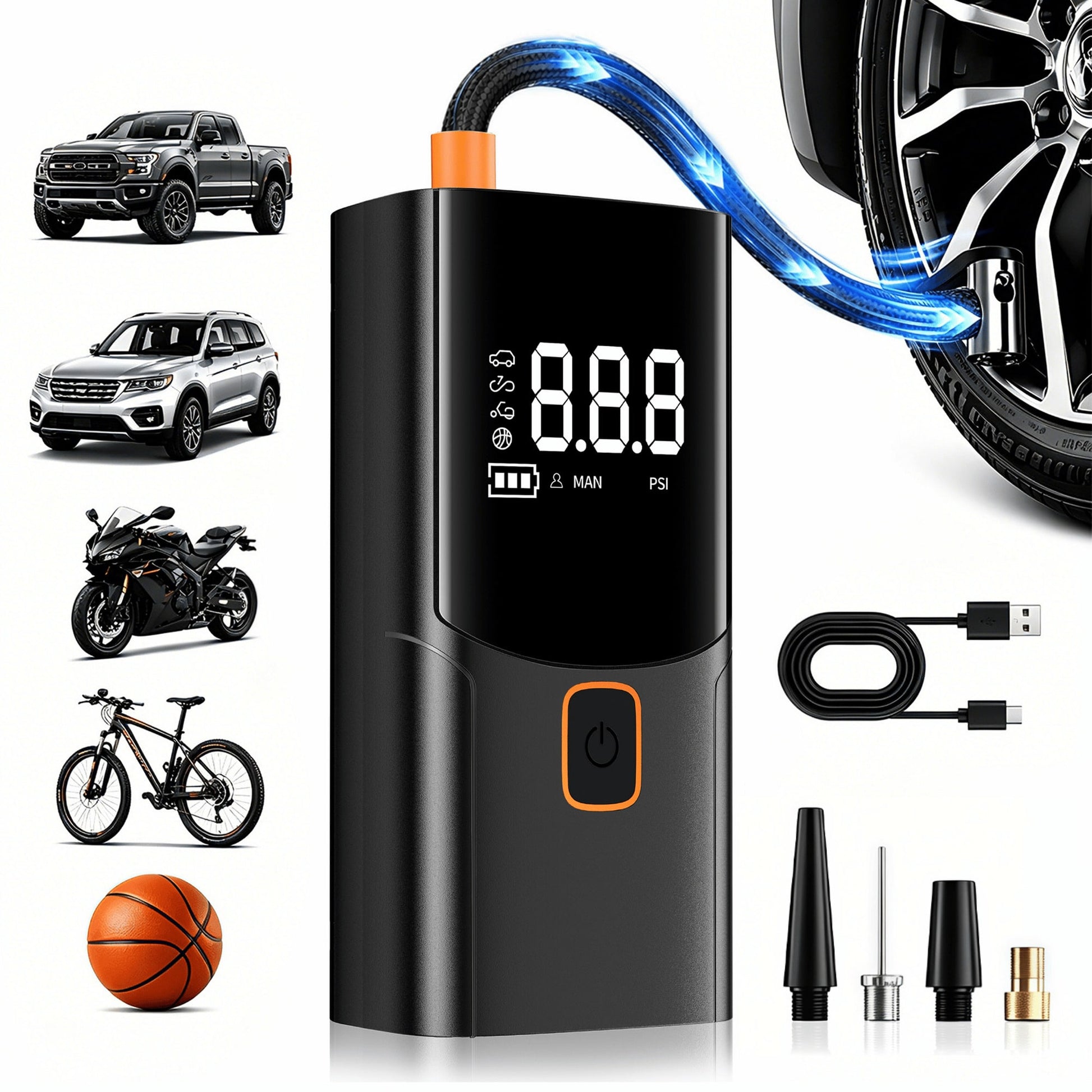 A Tire Inflator Portable Air Compressor, Cordless Rechargeable Air Pump For Car Tires, Digital Pressure Gauge, 4 Nozzle Attachments, 150 PSI, Battery Powered Compact Tire Pump For Car, Motorcycles, Bi