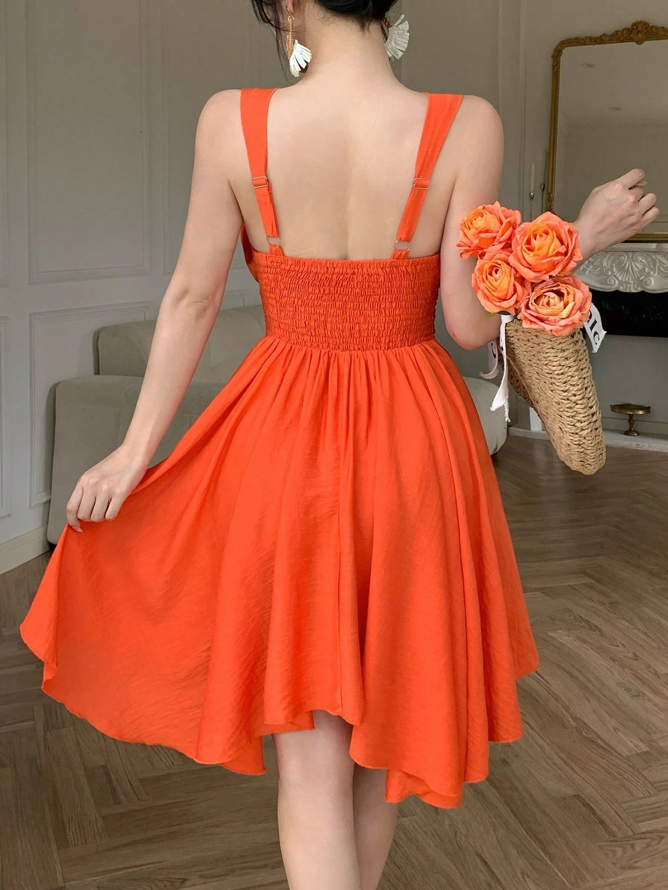 abyoxi Women's Orange Halter Neck Twist Front Smocked Back Ruched Waist Asymmetrical Hem Short Dress, Young Hot, Sweet, Vacation, Date, Beach, Outdoor, Summer Mini Dresses