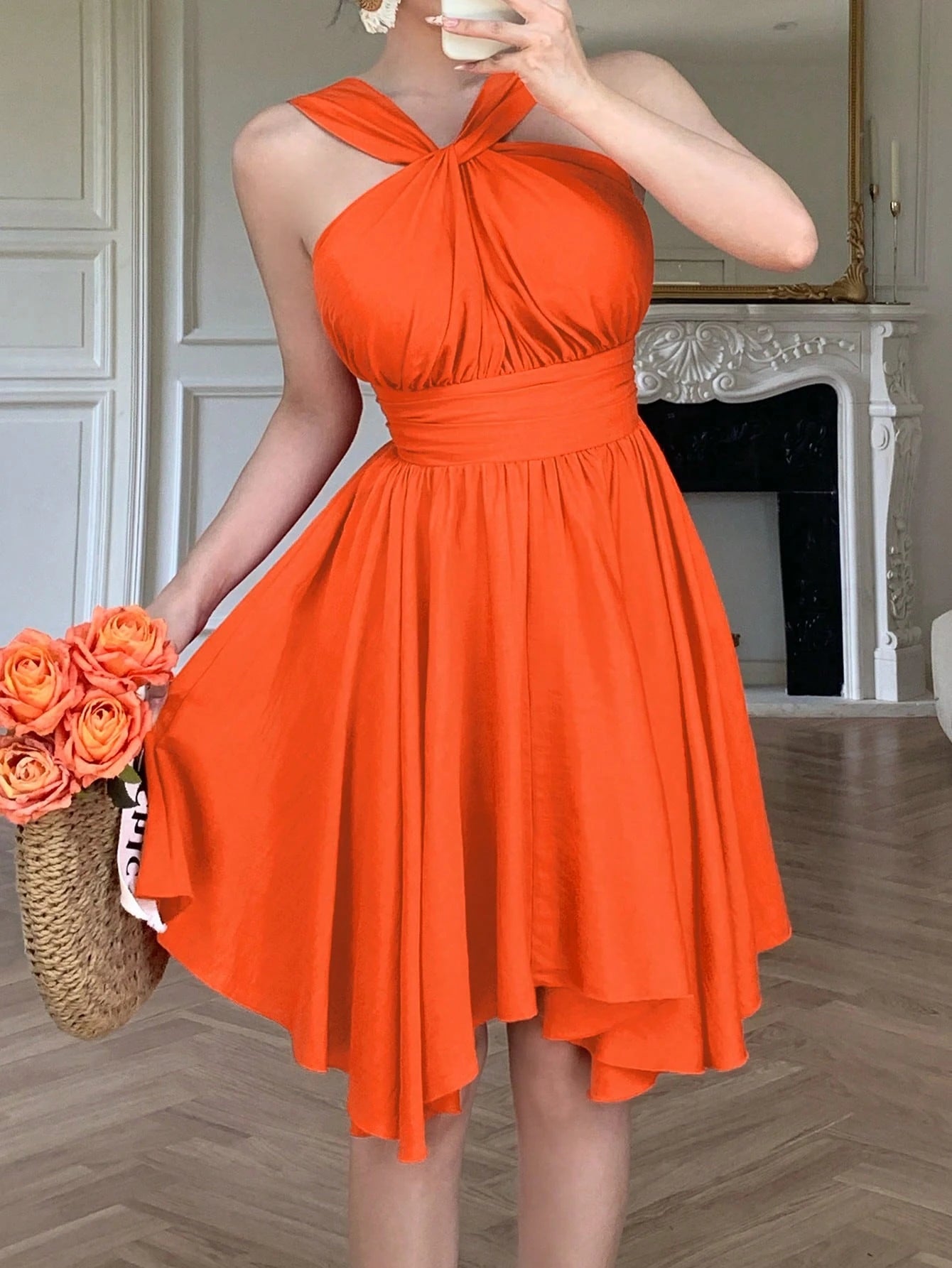 abyoxi Women's Orange Halter Neck Twist Front Smocked Back Ruched Waist Asymmetrical Hem Short Dress, Young Hot, Sweet, Vacation, Date, Beach, Outdoor, Summer Mini Dresses