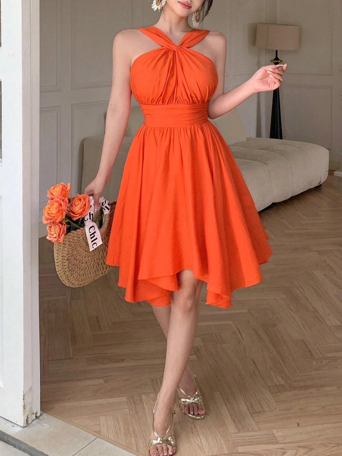abyoxi Women's Orange Halter Neck Twist Front Smocked Back Ruched Waist Asymmetrical Hem Short Dress, Young Hot, Sweet, Vacation, Date, Beach, Outdoor, Summer Mini Dresses