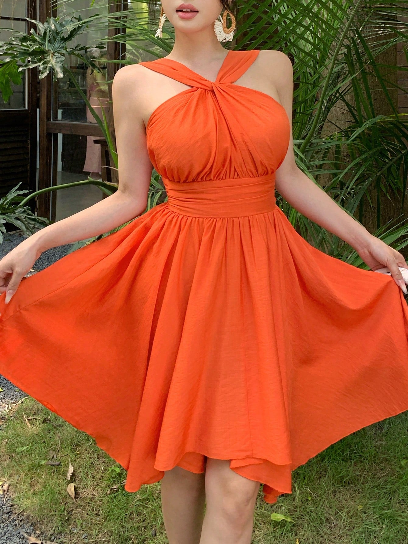 abyoxi Women's Orange Halter Neck Twist Front Smocked Back Ruched Waist Asymmetrical Hem Short Dress, Young Hot, Sweet, Vacation, Date, Beach, Outdoor, Summer Mini Dresses