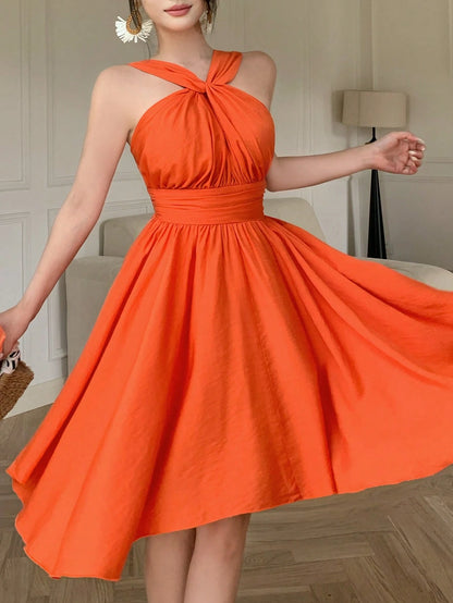 abyoxi Women's Orange Halter Neck Twist Front Smocked Back Ruched Waist Asymmetrical Hem Short Dress, Young Hot, Sweet, Vacation, Date, Beach, Outdoor, Summer Mini Dresses