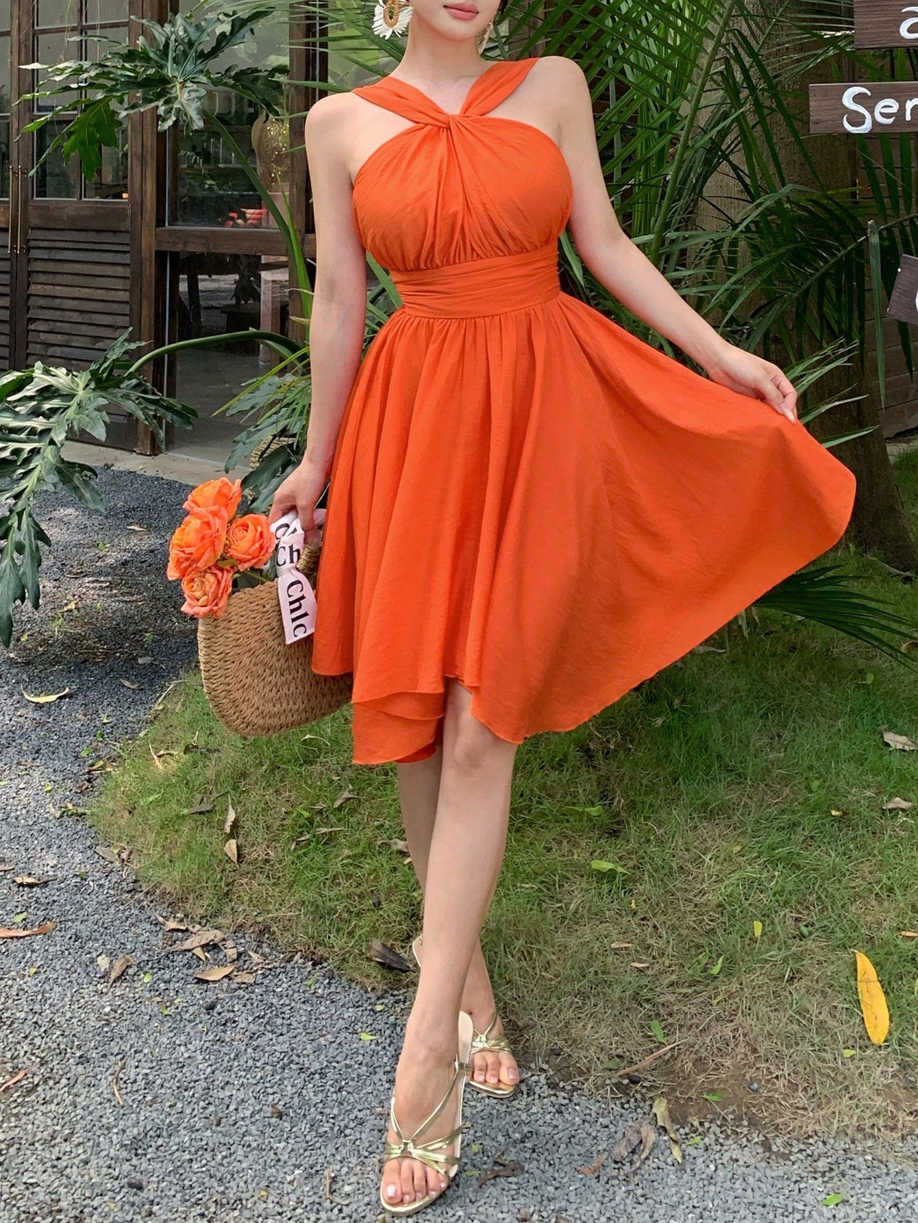 abyoxi Women's Orange Halter Neck Twist Front Smocked Back Ruched Waist Asymmetrical Hem Short Dress, Young Hot, Sweet, Vacation, Date, Beach, Outdoor, Summer Mini Dresses