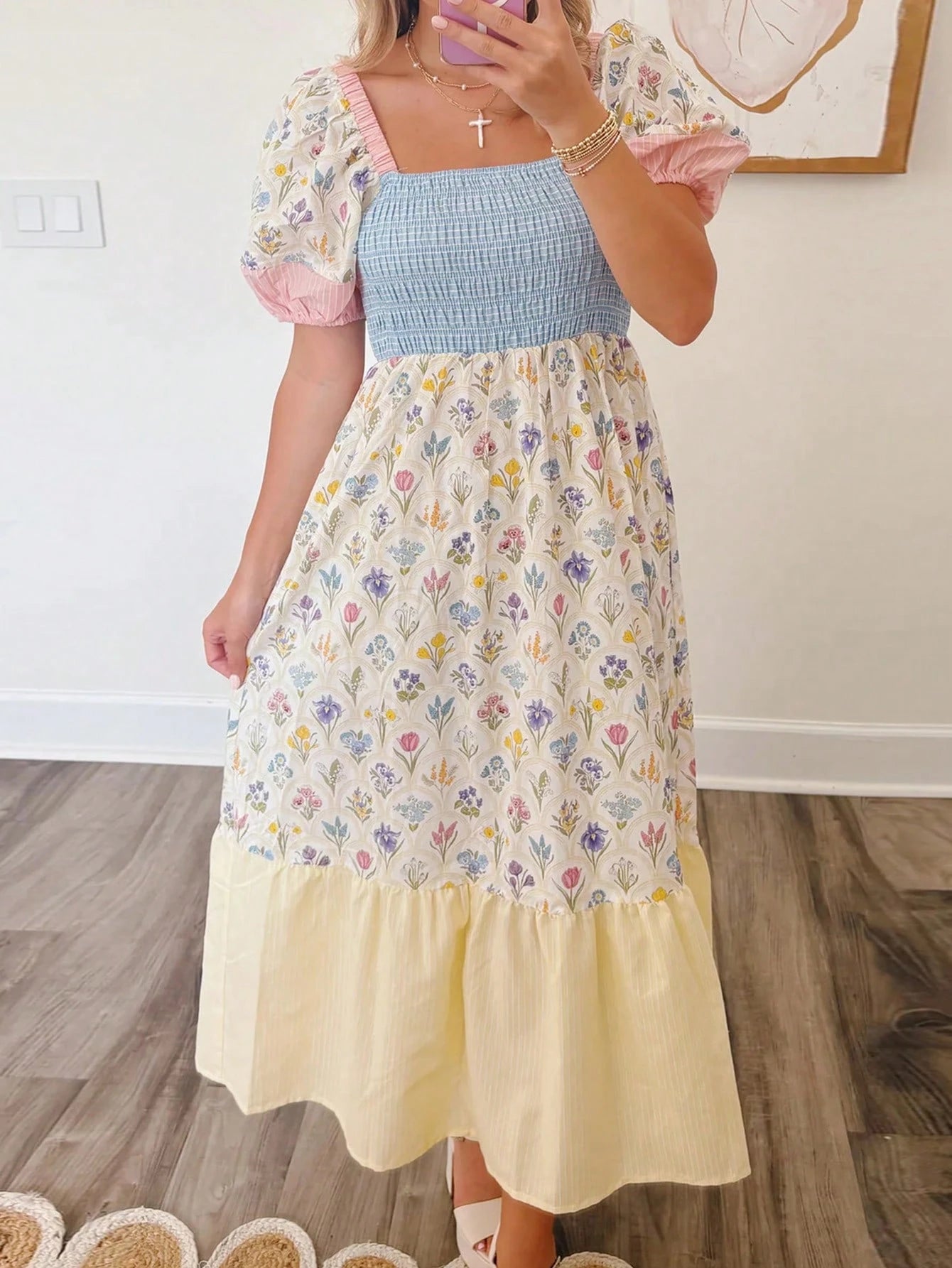 Acelitt Floral Print Pleated Square Neckline Petal Sleeves Ruffled Layered Midi Dress Vacation Elegant Summer