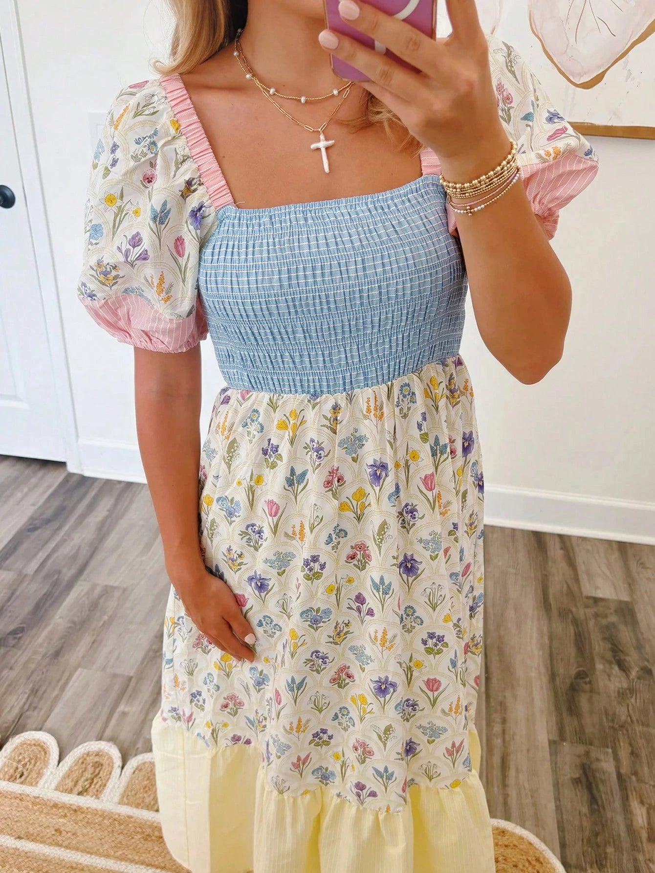 Acelitt Floral Print Pleated Square Neckline Petal Sleeves Ruffled Layered Midi Dress Vacation Elegant Summer