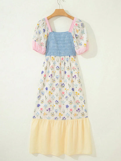 Acelitt Floral Print Pleated Square Neckline Petal Sleeves Ruffled Layered Midi Dress Vacation Elegant Summer